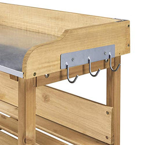 Yaheetech Outdoor Garden Potting Bench Table Wooden Horticulture Planting Worstation w/Metal Tabletop/Storage Shelf/3 Hooks, Natural Wood