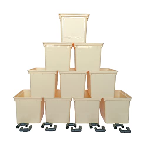 10 Pack Dutch Bucket - Hydroponic Bato Buckets - with Siphon Elbows - 11 Liter (12" x 10" x 9") - (Tan)