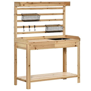 Outsunny Potting Bench Table, Garden Work Bench, Workstation with Metal Sieve Screen, Removable Sink, Additional Hooks and Baskets for Patio, Courtyards, Balcony, Natural