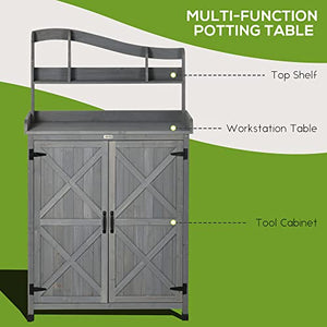 Outsunny Outdoor Potting Bench Table & Garden Storage Cabinet, Multi-Function Gardening Bench, Wooden Planting Workstation with Magnetic Doors, for Yard Tools or Pool Accessories, Gray
