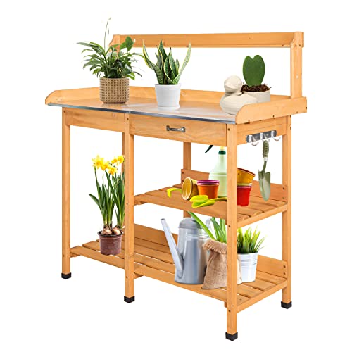 Garden Wood Potting Bench Work Table - Outdoor Potters Work Station with Metal Galvanization Tabletop and Removable Sink Drawer