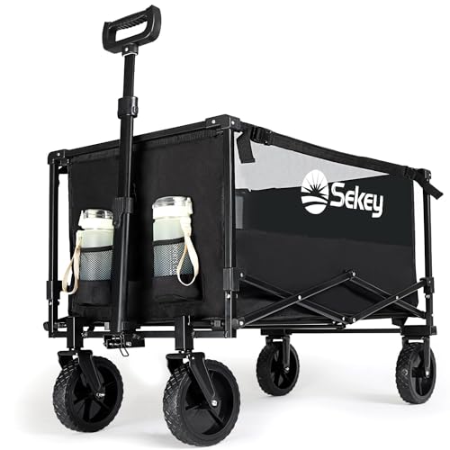 Sekey Collapsible Foldable Wagon with 220lbs Weight Capacity, Heavy Duty Folding Utility Garden Cart with Big All-Terrain Beach Wheels & Drink Holders. Black