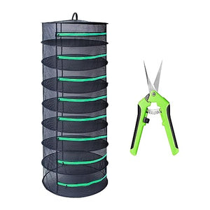 Growsun Herb Drying Rack 8 Layer 2ft Diameter Plant Hanging Mesh Dry Net w/Green Zipper, Free Garden Pruning Shears