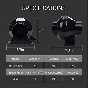 iGrowtek 4 Inch Inline Fan 4in Duct Fan,Quiet Exhaust Fan for Grow Tent,Vent Booster Fan,Inline air Blower,195 CFM