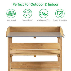 Yaheetech Outdoor Garden Potting Bench Table Wooden Horticulture Planting Worstation w/Metal Tabletop/Storage Shelf/3 Hooks, Natural Wood
