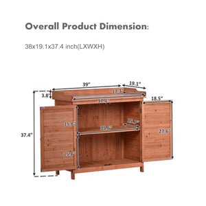 Outdoor Storage Cabinet, Garden Potting Bench Table & Solid Wood Planting Work Bench with 2 Shelves, Side Hook & Splash Plate, Wooden Storage Cabinet for Backyard, Patio, Lawn