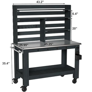 GDLF Potting Bench Table Large Outdoor Kitchen Island Prep Station with Stainless Steel Top Waterproof Cover, Hardwood, 66.9" H
