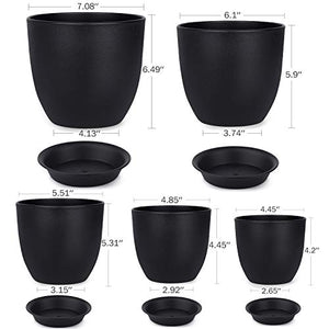 homenote Plastic Planter 7/6/5.5/4.8/4.5 Inch Flower Pot Indoor Modern Decorative Plastic Pots for Plants with Drainage Hole and Tray for All House Plants, Succulents, Flowers, and Cactus, Black