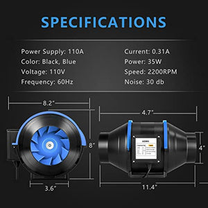 AIZORIS Quiet 4Inch Inline Duct Fan,Vent Booster Fan with Speed Controller,It Comes with 1.5 Meters of Wire,Suit for Grow Tent Planting and Indoor Place Ventilation-4 inch