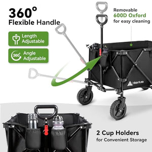 Hikenture Folding Wagon Cart, Portable Large Capacity Beach Wagon, Heavy Duty Utility Collapsible Wagon with All-Terrain Wheels, Outdoor Garden Cart Foldable Wagon for Sports, Shopping, Camping(Black)