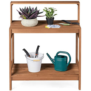Topeakmart Outdoor Potting Bench -Patio Workstation & Wooden Planting Table with Open Storage Shelf/Polished Surface for Garden/Backyard