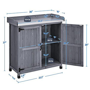 Topeakmart Potting Bench Table - Wooden Storage Cabinet with Removable Shelf & Flexible Space & Metal-Plated Tabletop for Outdoor Garden Patio, Gray