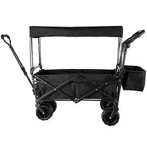Happbuy Extra Large Collapsible Garden Cart with Removable Canopy, Folding Wagon Utility Carts with Wheels and Rear Storage, Wagon Cart for Garden, Camping, Grocery Cart, Shopping Cart, Black