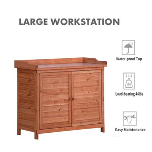 Outdoor Storage Cabinet, Garden Potting Bench Table & Solid Wood Planting Work Bench with 2 Shelves, Side Hook & Splash Plate, Wooden Storage Cabinet for Backyard, Patio, Lawn