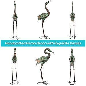 Shorayn Garden Crane Statues, Blue Heron Sculptures for Outdoor, Cranes Decor Metal Bird, Patina Garden Art Lawn Ornaments for Yard Patio Porch Outside Decorations