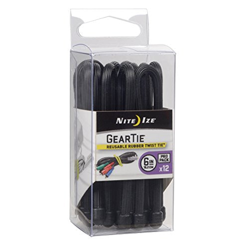 Nite Ize Original Gear Tie, Reusable Rubber Twist Tie, 6-Inch, Black, 12 Count Pro Pack, Made in the USA