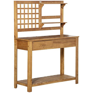 Outsunny Potting Bench Table, Garden Work Bench, Outdoor Wooden Workstation with Tiers of Shelves and Drawer for Patio, Courtyards, Balcony, Brown