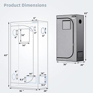 COSTWAY Grow Tent, 36” X 20” X 63”, Indoor Grow Room with Observation Window, Removable Floor Tray, Ventilation Duct Port, 600D Mylar Hydroponic Dark Room for Patio, Garage (Grey, 36"x20"x63")