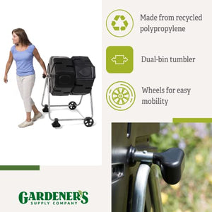 Gardener's Supply Company - Compost Tumbler with Wheels - Heavy Duty Dual Rotating Batch Outdoor Organic Compost Bin Tumbling Mixer Composter - Holds 3 Cubic Ft of Kitchen Waste & Garden Clippings