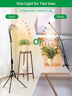 fyheart Grow Lights for Indoor Plants,Full Spectrum Grow Light with Adjustable Stand and Sturdy Clip,5 Light Tube,3 Light Modes,10 Dimmable Brightness,4/8/12 H Timer,360° Gooseneck,Remote Control