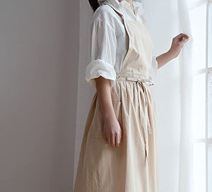 VLZUFE Women Cotton Linen Cross Back Apron with Pockets for Gardening Works Pinafore Dress