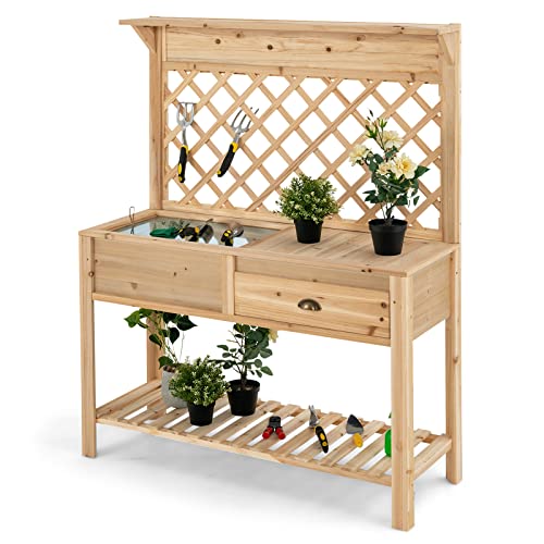 Giantex Garden Potting Bench Table, Wood Outdoor Work Station with Trellis and Shelves for Gardening Tools, Drawer, Hidden Storage Cabinet with Sliding Lid, Workstation Table, 47"x 16.5" x 60"
