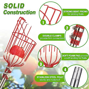 Fruit Picker Pole with Basket Long Handle, 8FT Adjustable Fruit Catcher Tool for Apple Mango Pear Orange Avocado Lemon Citrus Tree Picker