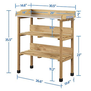 Yaheetech Outdoor Garden Potting Bench Table Wooden Horticulture Planting Worstation w/Metal Tabletop/Storage Shelf/3 Hooks, Natural Wood