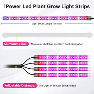 iPower 60W LED Plant Grow Light Strips Full Spectrum for Indoor Plants with Auto ON/Off 3/9/12H Timer, 10 Dimmable Levels 48 LEDs, Sunlike Grow Lamp for Hydroponics Succulent, 4 Tubes, Mix