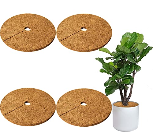 HFHOME 4pcs 13.8" Dia Coconut Fibers Tree Mulch Ring Protector Mat, 13.8 Inch Natural Coco Coir Tree Protection Mats, Tree Disc Plant Cover for Indoor Outdoor Lawn, Potted Plants