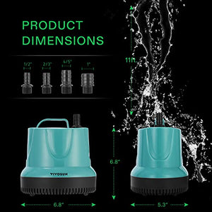 VIVOSUN 1150GPH 100W Submersible Pump for Fish Tank, Pond, Aquarium, Hydroponic Systems with 5ft Power Cord and 4 Nozzles Blue