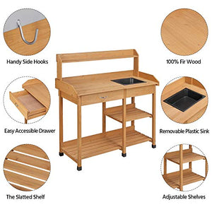 Yaheetech Potting Bench Outdoor Garden Work Bench Station Planting Solid Wood Construction for Horticulture w/Sink Drawer Rack Shelves Natural Wood