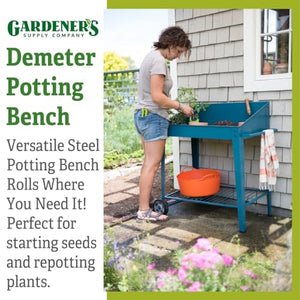 Gardener's Supply Company Demeter Metal Potting Bench with Wheels | Heavy Duty Outdoor Garden Work Table Workbench Workstation with Side Metal Sidewalls | Best for Seed Starter Planting & Transplants