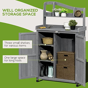 Outsunny Outdoor Potting Bench Table & Garden Storage Cabinet, Multi-Function Gardening Bench, Wooden Planting Workstation with Magnetic Doors, for Yard Tools or Pool Accessories, Gray