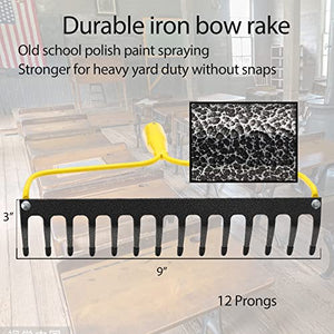 Garden Rake Metal, 12 Prongs 14" Wide Bow Rakes for Lawns Heavy Duty, Adjustable Rock Thatch Yard Rake for Leaves Gardening Loosening Soil Long Handle 32-45"