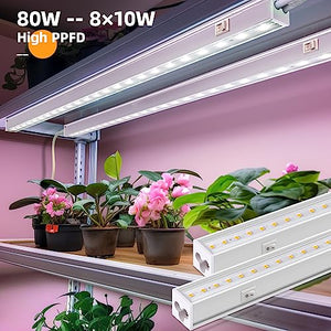 Barrina T5 Grow Lights for Indoor Plants, Full Spectrum Grow Light, 2ft 80W (8 x 10W, 500W Equivalent), LED Grow Light Bulbs for Indoor Plants Growing, Greenhouse, Plug and Play, Pinkish White, 8-Pack