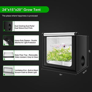 MELONFARM 24"x16"x20'' Grow Tent, High Reflective 2100D Diamond Mylar Canvas with Double Transparent Viewing Door and Floor Tray for Hydroponic Indoor Plant Growing
