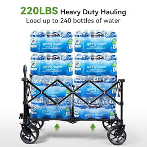 Hikenture Collapsible Wagon Cart with Cargo Net, 220lbs Capacity Beach Wagon with Big Wheels for Sand, Heavy Duty Foldable Wagon with Brakes, Portable Utility Folding Garden Cart for Outdoor