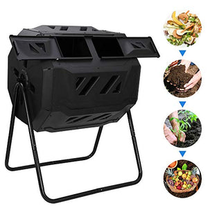 Oteymart Large Compost Bin Tumbler, 43 Gallon Capacity Composting Tumbler with Twin Chambers Dual Rotating Sliding Door & Solid Steel Frame, Black