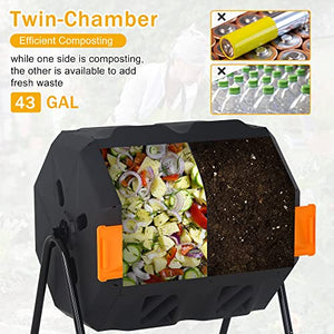 Outdoor Compost Tumbling Bin 43 Gallon Large Dual Chamber Sliding Doors Composter Steel Frame Garden Tumbling Rotating Composting Bins 360° Compost Tumbler Bucket Trash Can for Patio Yard (Orange)