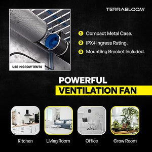 TerraBloom 4 Inch Inline Fan ECMF-100 - Quiet HVAC Grow Tent Fan with Digital Speed Controller- Premium Metal Casing 40-75% Energy Efficient EC Motor - For Large Spaces