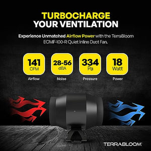 TerraBloom 4 Inch Inline Fan ECMF-100 - Quiet HVAC Grow Tent Fan with Digital Speed Controller- Premium Metal Casing 40-75% Energy Efficient EC Motor - For Large Spaces