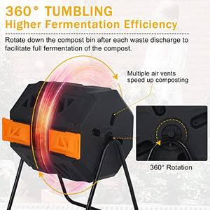 Outdoor Compost Tumbling Bin 43 Gallon Large Dual Chamber Sliding Doors Composter Steel Frame Garden Tumbling Rotating Composting Bins 360° Compost Tumbler Bucket Trash Can for Patio Yard (Orange)