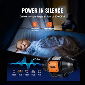 VEVOR Inline Duct Fan, 4-Inch 200 CFM with Variable Speed Controller, Quiet AC-motor Ventilation Exhaust Fan for Cooling Booster, Grow Tents, Hydroponics