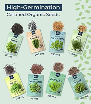 Organic Herb Seeds for Planting, Indoor Outdoor and Hydroponic Garden, incl Basil Cilantro Mint and Dill Seeds, Non GMO and USDA Certified Organic, Gardening Variety Pack