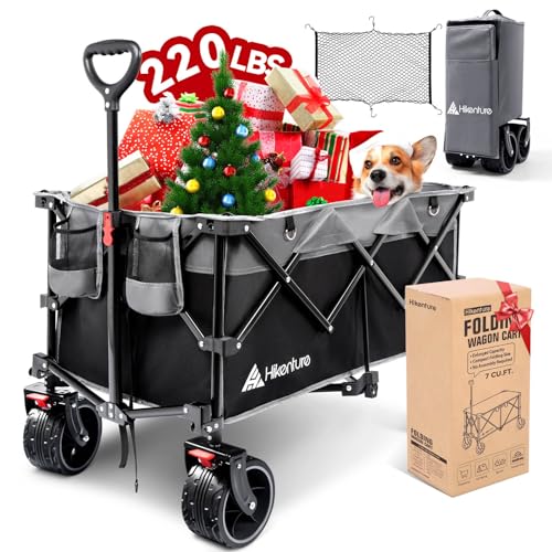 Hikenture Collapsible Wagon Cart with Cargo Net, 220lbs Capacity Beach Wagon with Big Wheels for Sand, Heavy Duty Foldable Wagon with Brakes, Portable Utility Folding Garden Cart for Outdoor