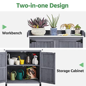Topeakmart Potting Bench Table - Wooden Storage Cabinet with Removable Shelf & Flexible Space & Metal-Plated Tabletop for Outdoor Garden Patio, Gray
