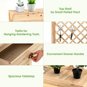 Giantex Garden Potting Bench Table, Wood Outdoor Work Station with Trellis and Shelves for Gardening Tools, Drawer, Hidden Storage Cabinet with Sliding Lid, Workstation Table, 47"x 16.5" x 60"