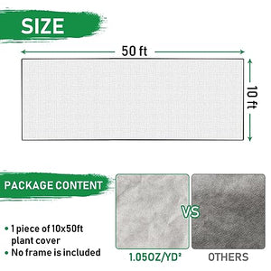 YNERHAI 10 ft x 50 ft Plant Covers Freeze Protection, Garden Frost Cloth Plant Covers for Winter Protection, Floating Row Cover Frost Blankets for Outdoor Plants (1.05 Oz/yd²)