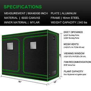 MELONFARM 4x8 Grow Tent, 96"x48"x80'' High Reflective 600D Diamond Mylar Canvas with Observation Window and Floor Tray for Hydroponic Indoor Plant Growing